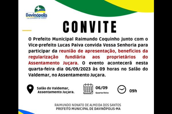 Davinópolis apresentará benefícios da regularização fundiária aos proprietários do assentamento...
