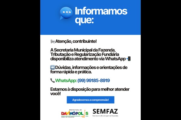 A Secretaria Municipal da Fazenda, Tributação e Regularização Fundiária disponibiliza atendimen...