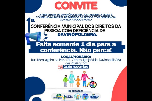 Davinópolis realiza amanhã 1ª Conferência Municipal  dos Direitos da Pessoa com Deficiência