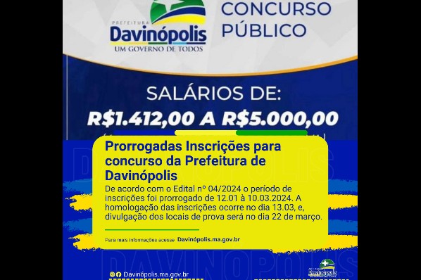 Prorrogadas Inscrições para concurso da Prefeitura de Davinópolis