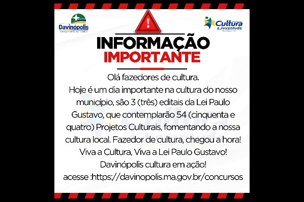 Secretaria Municipal de Cultura realiza publicação de editais da Lei Paulo Gustavo